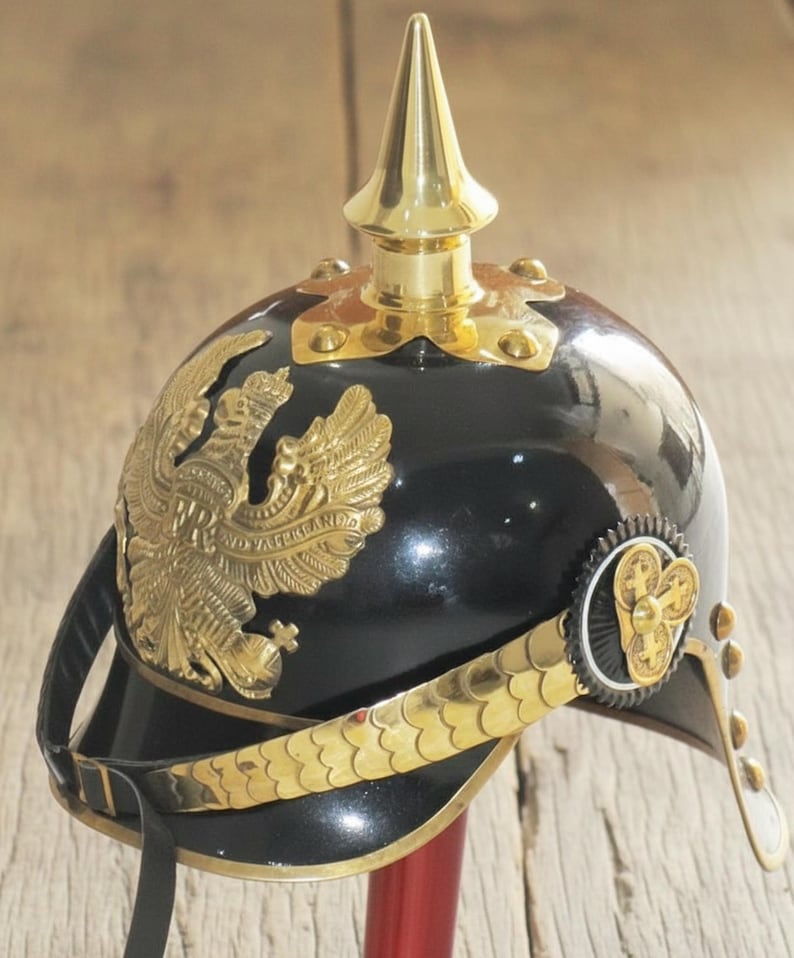 German Pickelhaube Helmet with Wooden Stand view 10