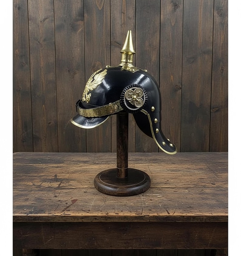 German Pickelhaube Helmet with Wooden Stand view 13