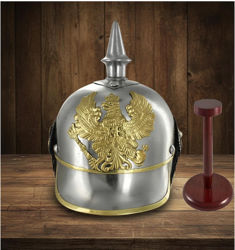 German Pickelhaube Helmet with Wooden Stand view 15