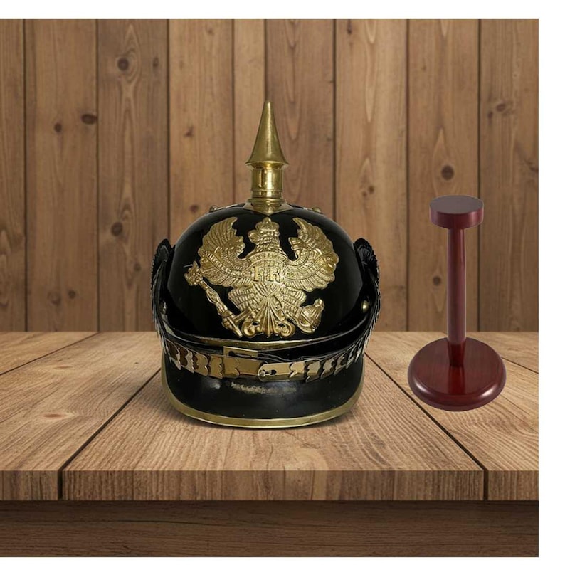 Black German Pickelhaube Helmet with Wooden Stand view 3