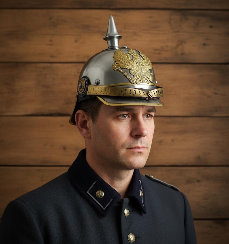 Black German Pickelhaube Helmet with Wooden Stand view 4