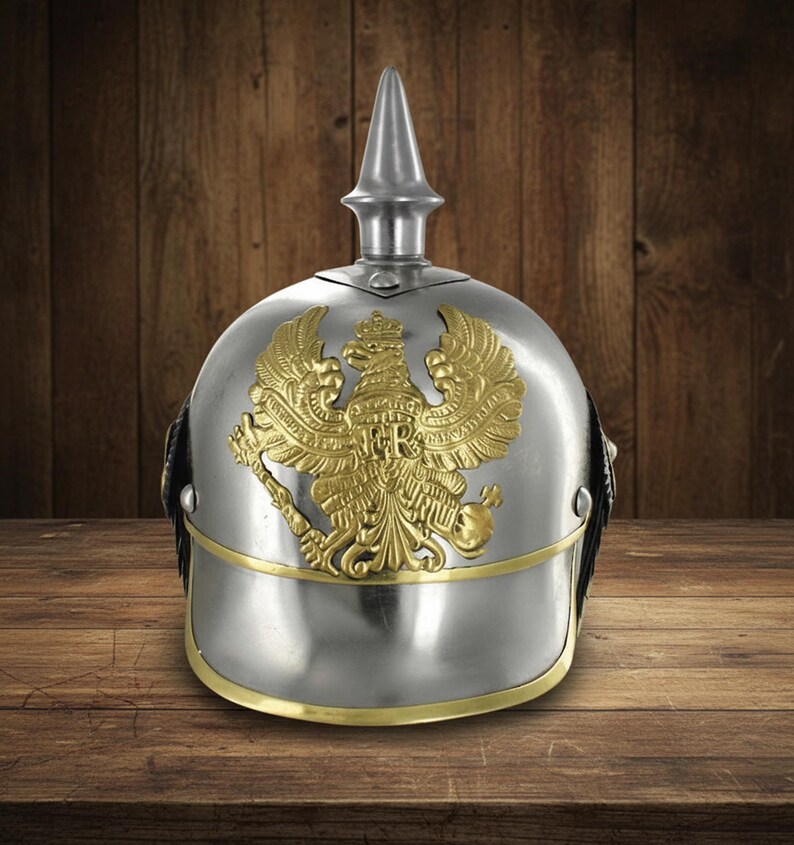 Black German Pickelhaube Helmet with Wooden Stand view 6