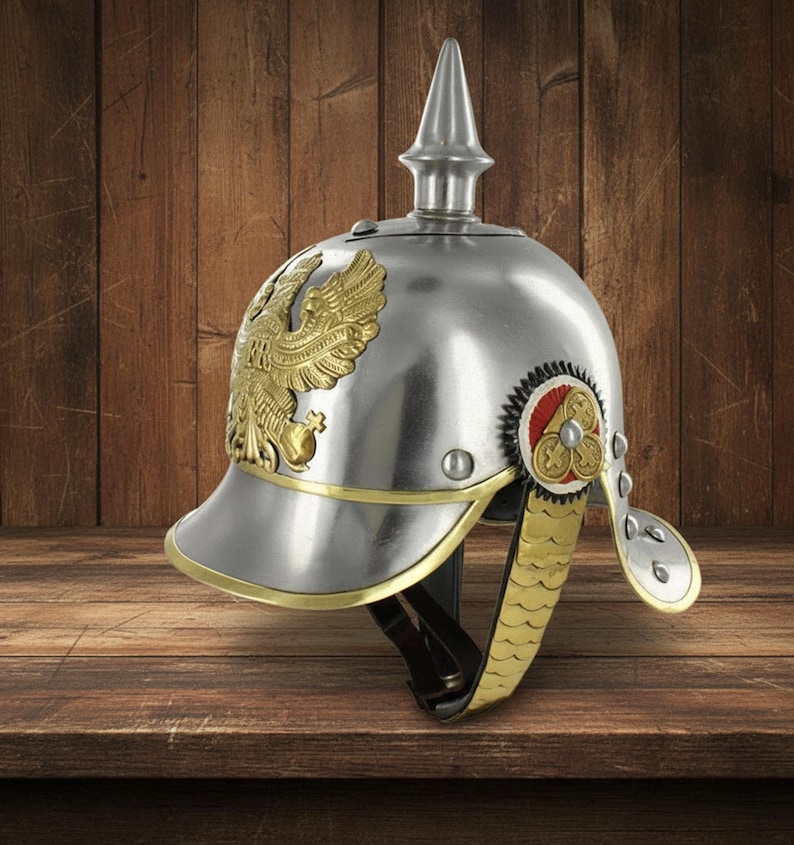 Black German Pickelhaube Helmet with Wooden Stand view 8