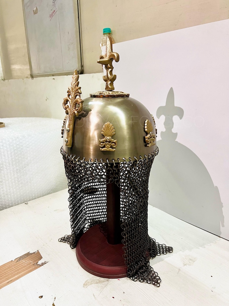 Royal Crusader Chainmail Helmet — Brass Finish Norman view 2