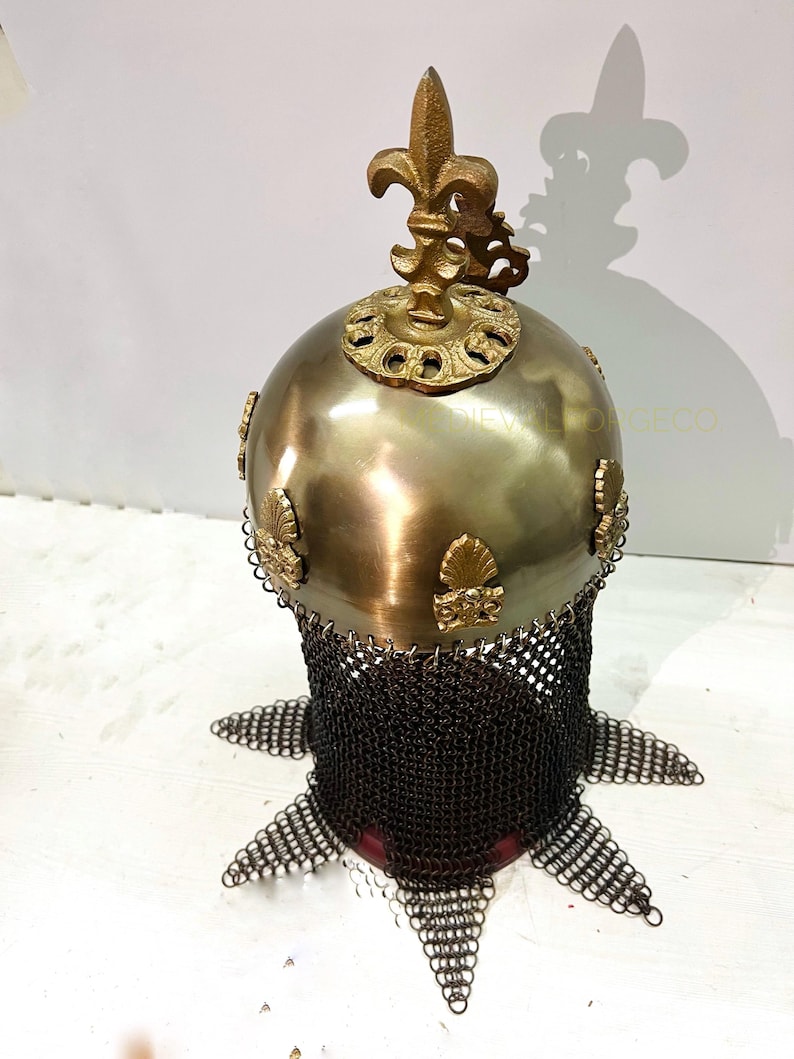 Royal Crusader Chainmail Helmet — Brass Finish Norman view 3