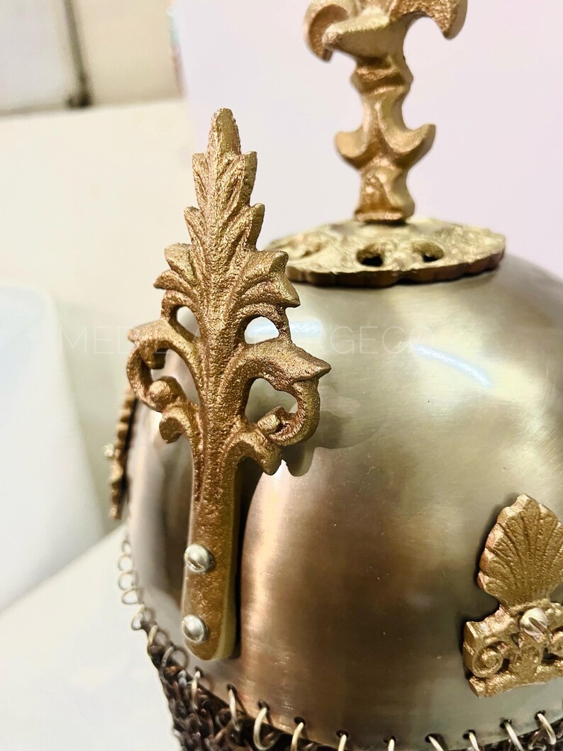 Royal Crusader Chainmail Helmet — Brass Finish Norman view 6