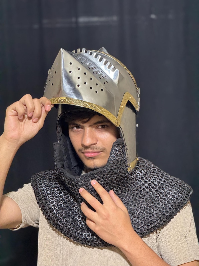 Steel Bascinet Pig Face Chainmail Helmet — Brass Trim view 2