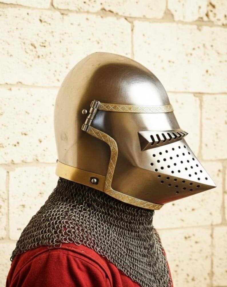 Steel Bascinet Pig Face Chainmail Helmet — Brass Trim view 3