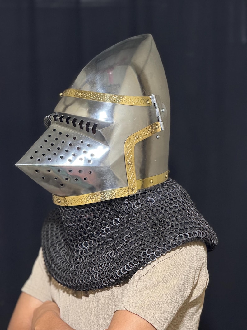 Steel Bascinet Pig Face Chainmail Helmet — Brass Trim view 6
