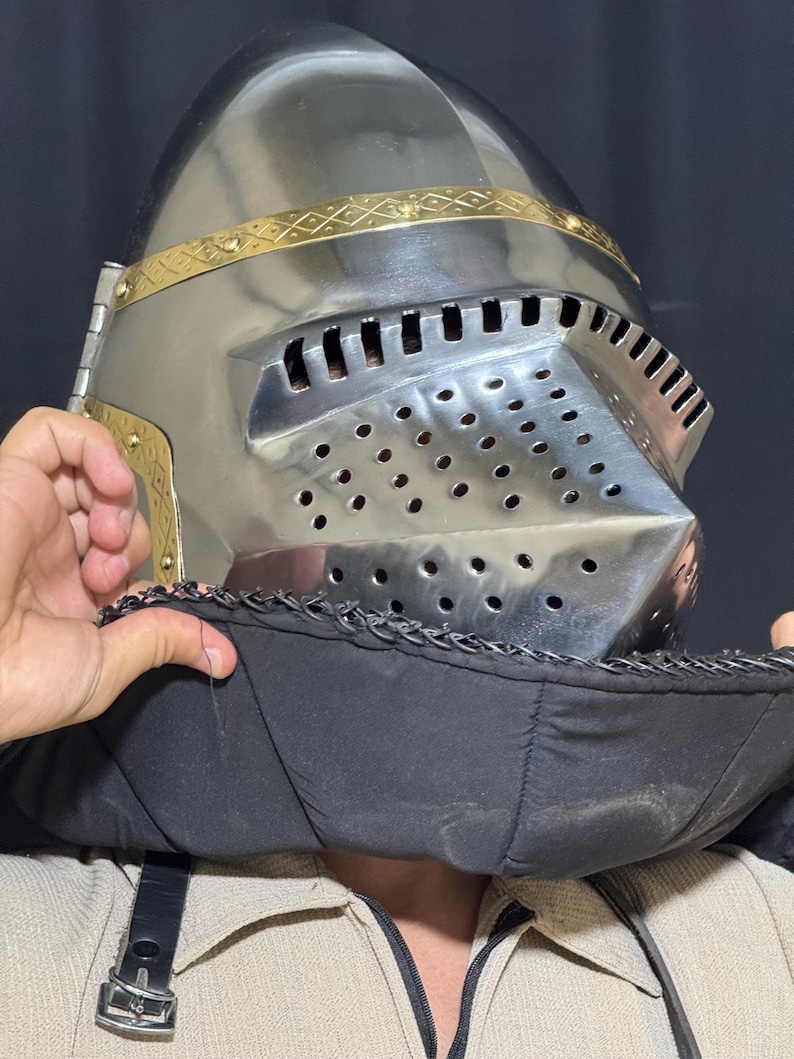 Steel Bascinet Pig Face Chainmail Helmet — Brass Trim view 7