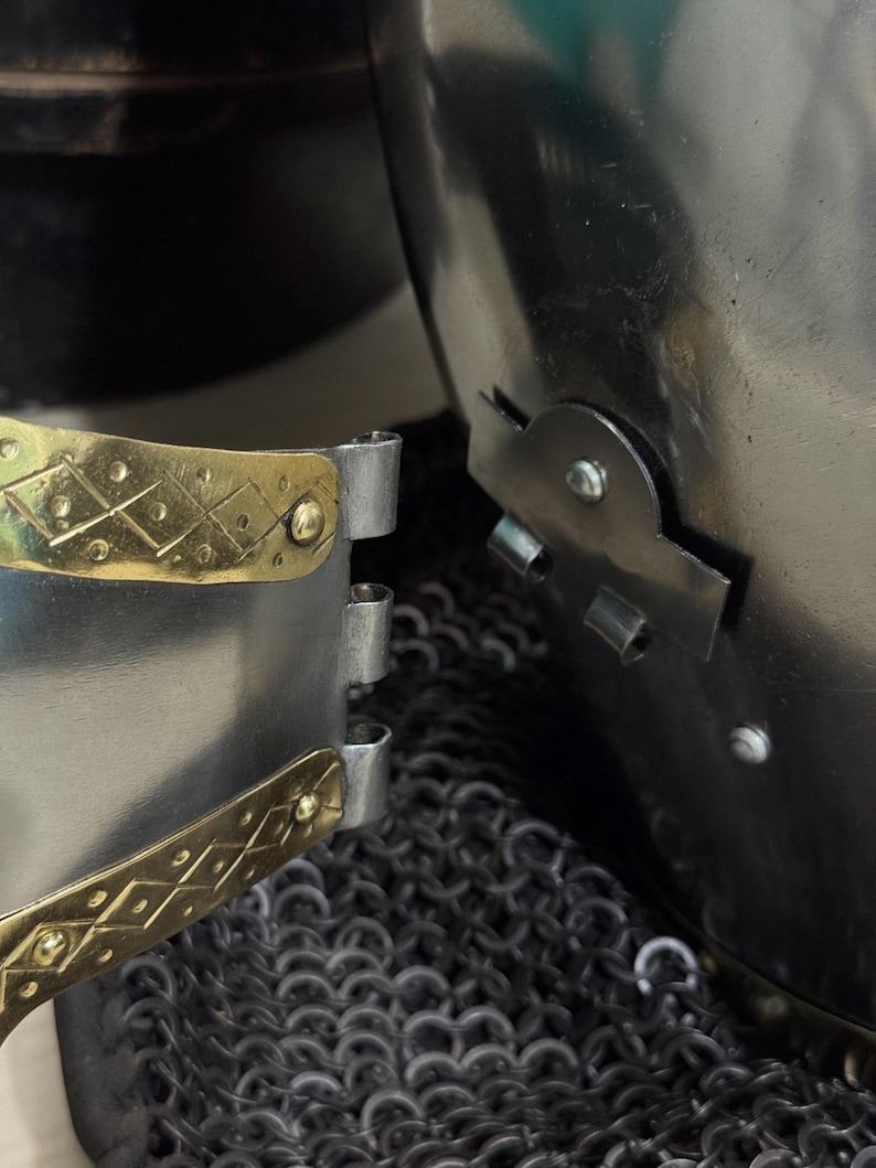 Steel Bascinet Pig Face Chainmail Helmet — Brass Trim view 8