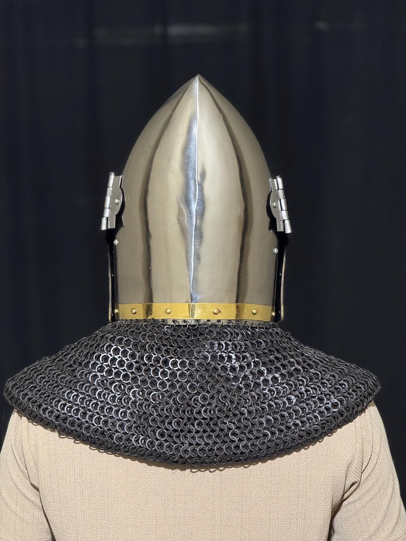 Steel Bascinet Pig Face Chainmail Helmet — Brass Trim view 11