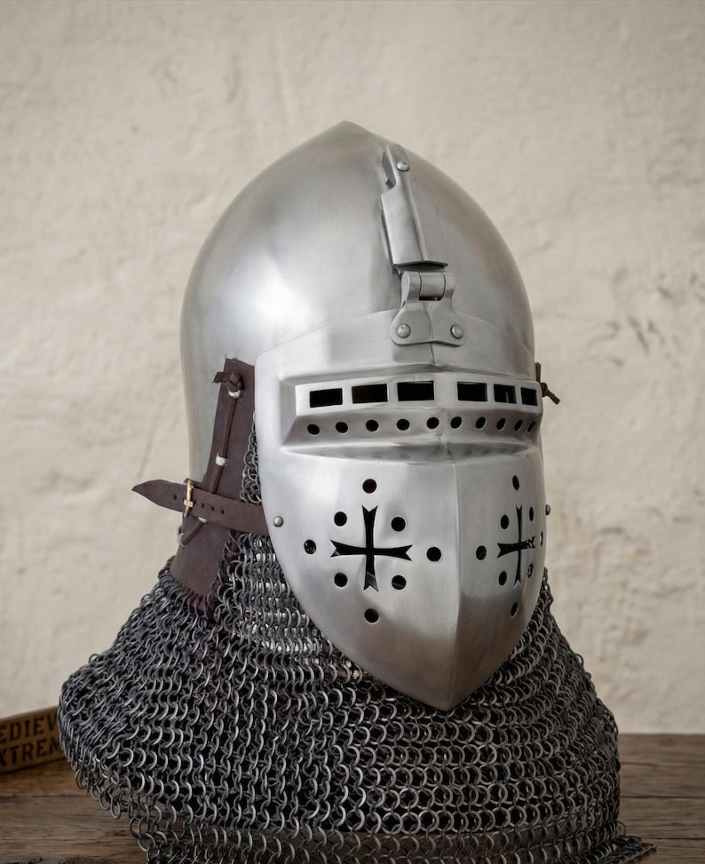 Buhurt Knight Helmet — 16-Gauge Steel and Chainmail view 2