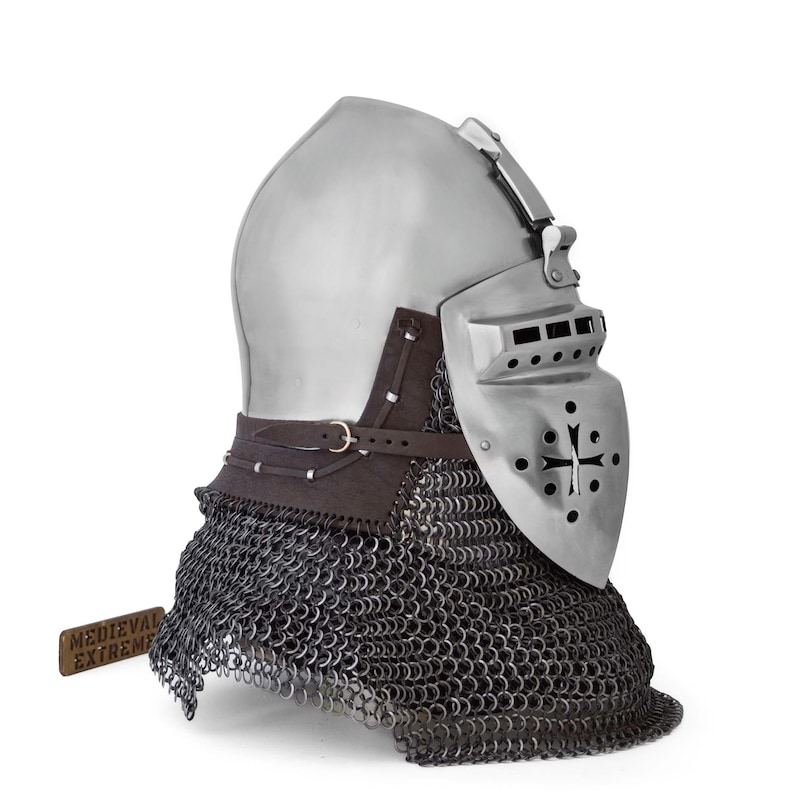 Buhurt Knight Helmet — 16-Gauge Steel and Chainmail view 3