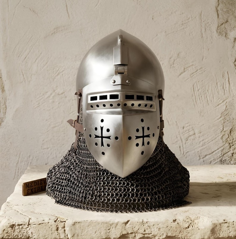 Buhurt Knight Helmet — 16-Gauge Steel and Chainmail view 12