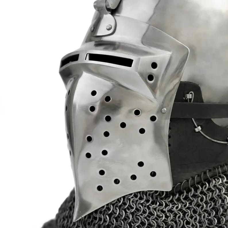 Knight Bascinet Helmet with Chainmail Coif — Crusader view 4