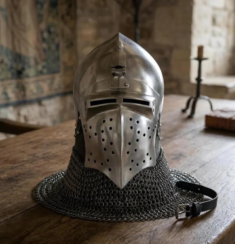 Knight Bascinet Helmet with Chainmail Coif — Crusader view 11