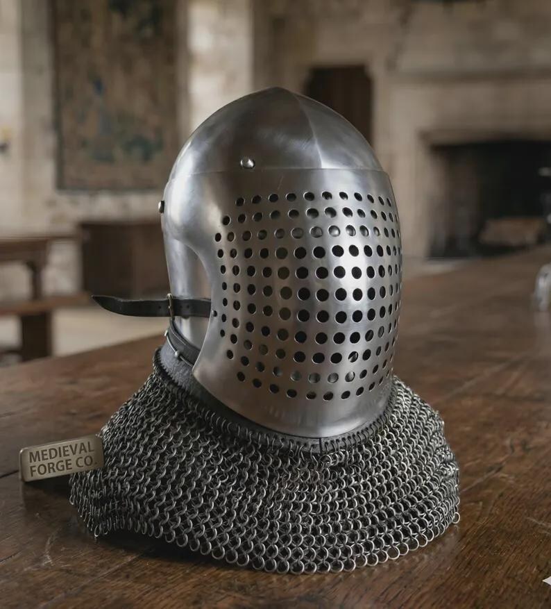 Bascinet Knight Helmet with Chainmail Coif — Buhurt view 2
