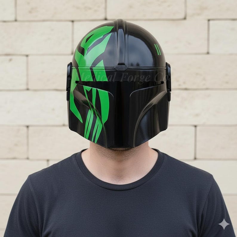 Beskar Steel Mandalorian Helmet — Black and Green view 2