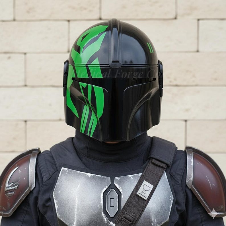 Beskar Steel Mandalorian Helmet — Black and Green view 5