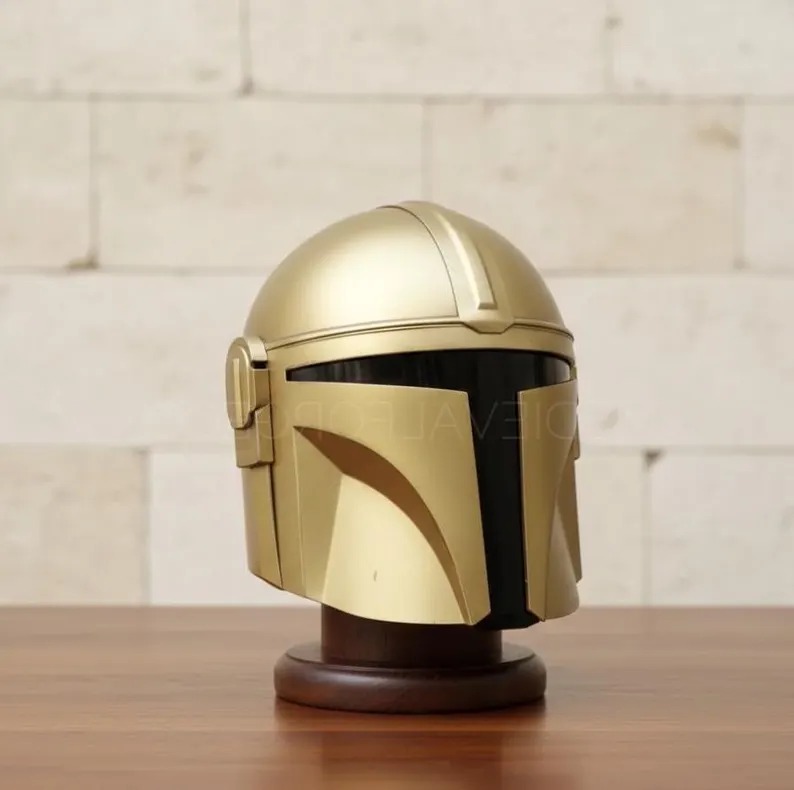 Gold Mandalorian Style Helmet — Bounty Hunter Display view 4