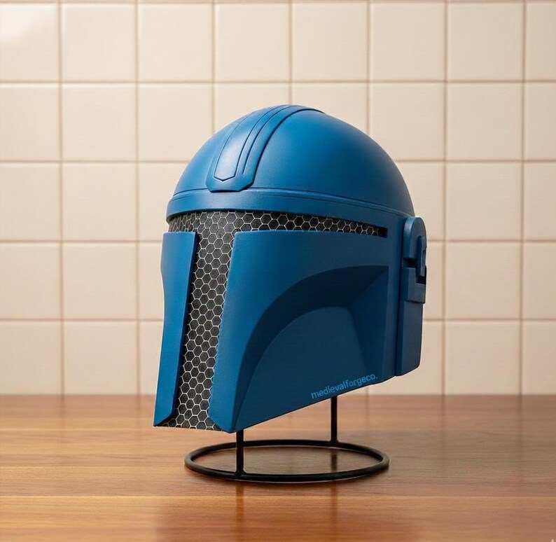 Blue Fantasy Warrior Mandalorian Helmet — Sci-Fi Display view 3