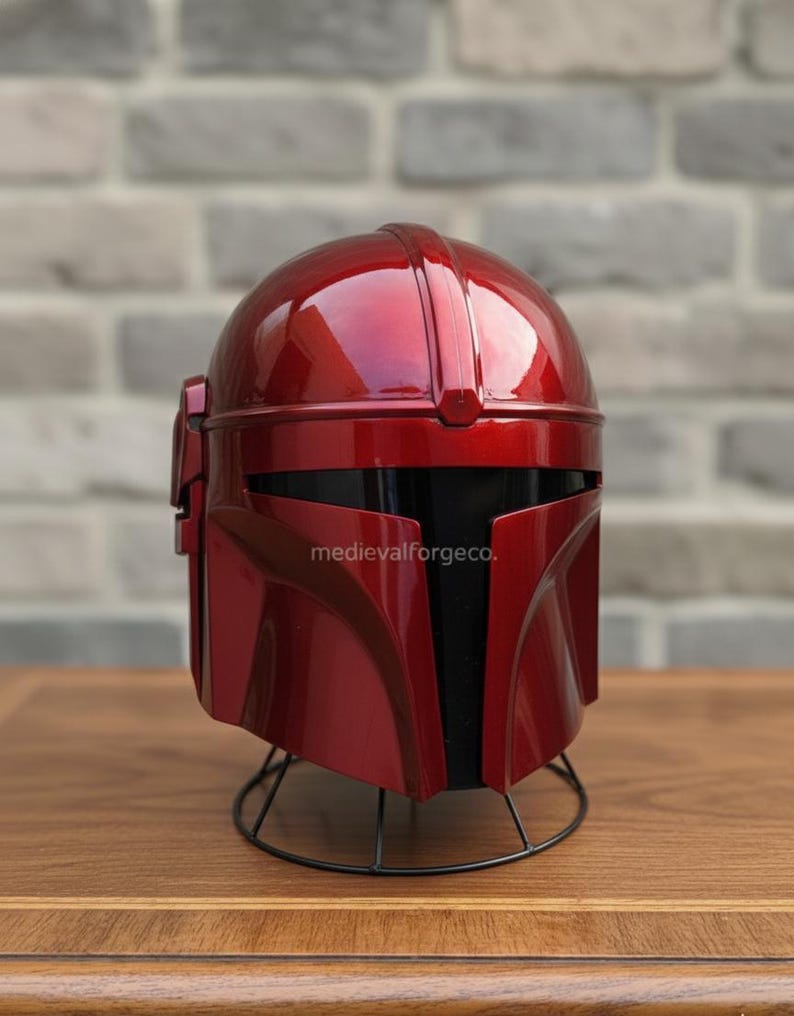 Red Sci-Fi Mandalorian Armor Helmet — Futuristic Display view 2