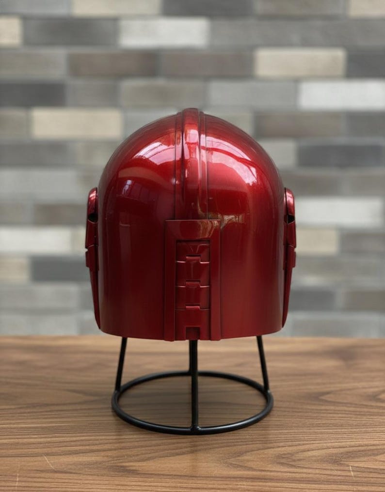 Red Sci-Fi Mandalorian Armor Helmet — Futuristic Display view 3