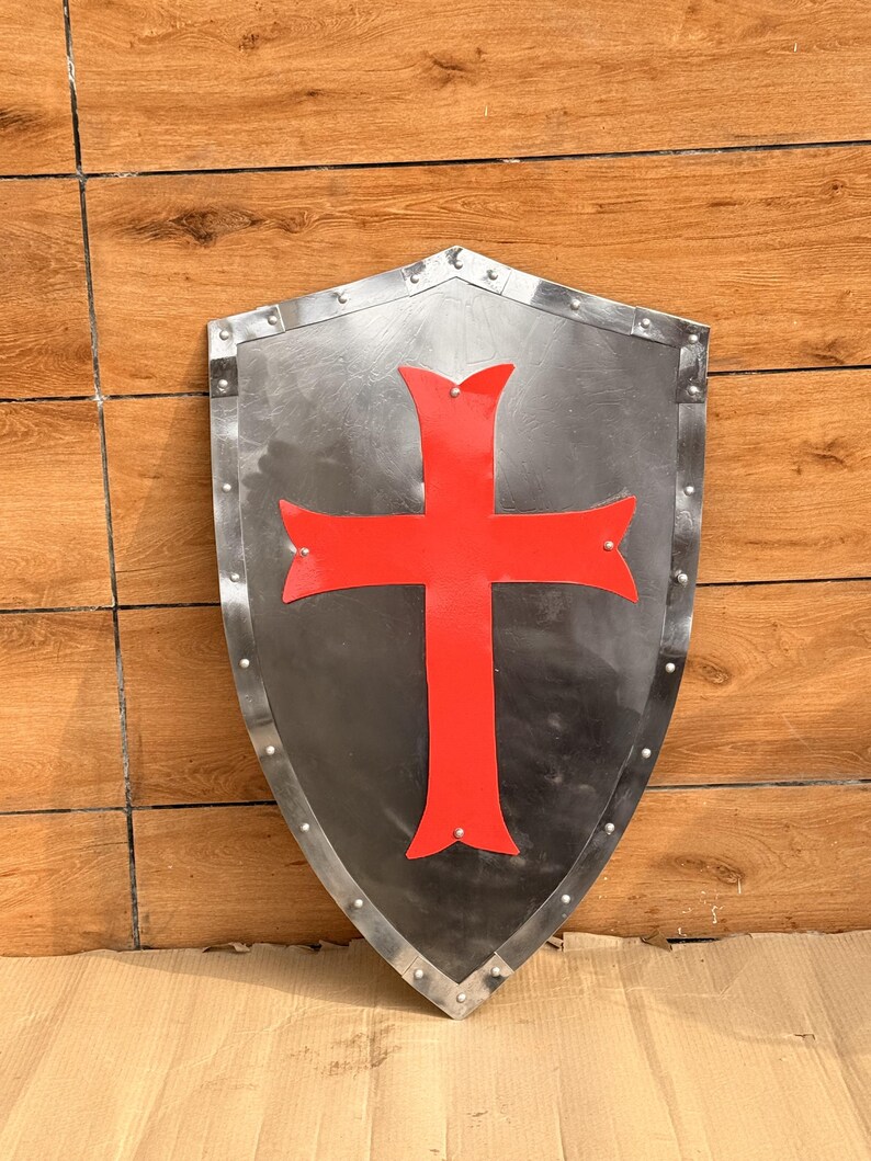 Red Cross Crusader Shield with Steel Battle Knight Heater view 3