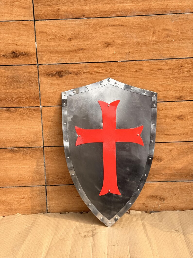 Red Cross Crusader Shield with Steel Battle Knight Heater view 4