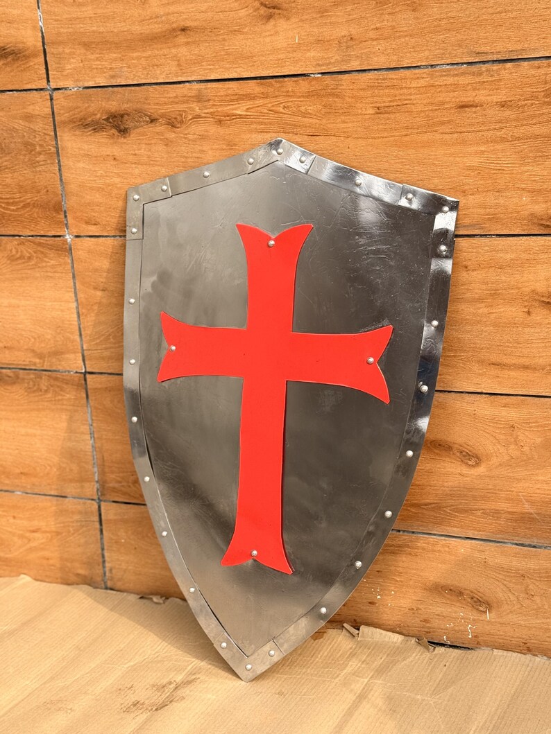 Red Cross Crusader Shield with Steel Battle Knight Heater view 5