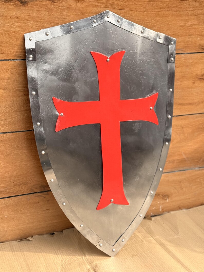 Red Cross Crusader Shield with Steel Battle Knight Heater view 6