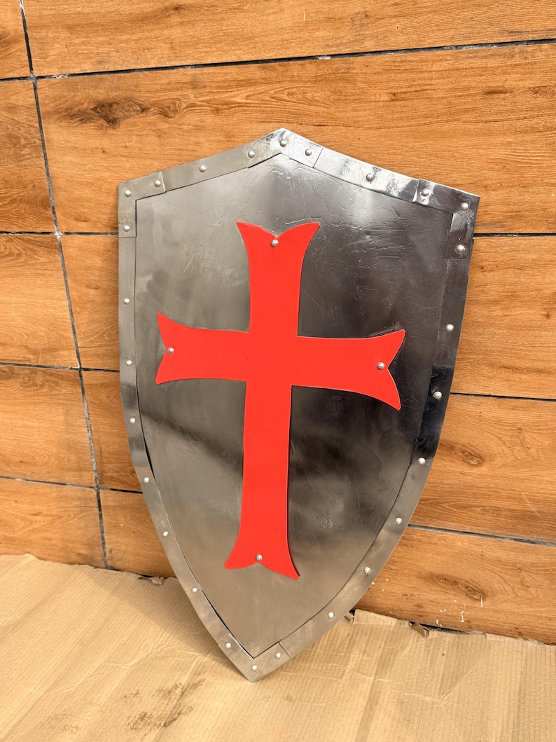 Red Cross Crusader Shield with Steel Battle Knight Heater view 8
