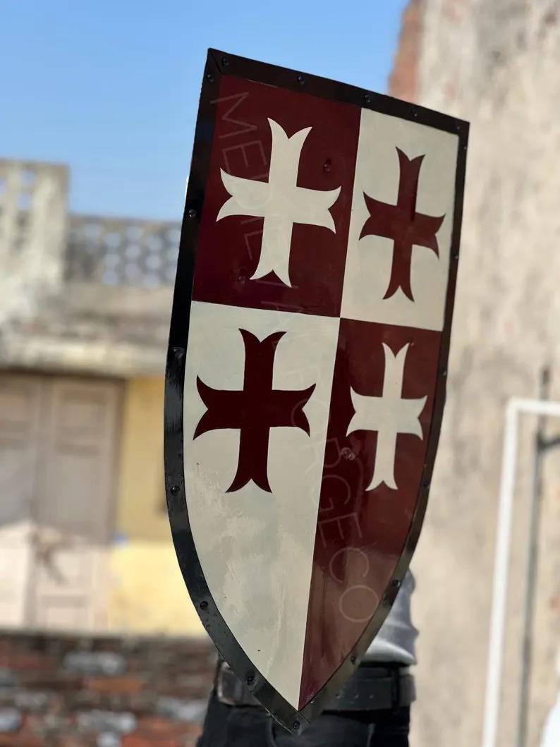 Medieval Crusader Heater Shield with Templar Cross Handmade Steel & Wood view 2