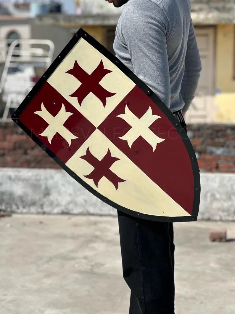 Medieval Crusader Heater Shield with Templar Cross Handmade Steel & Wood view 5