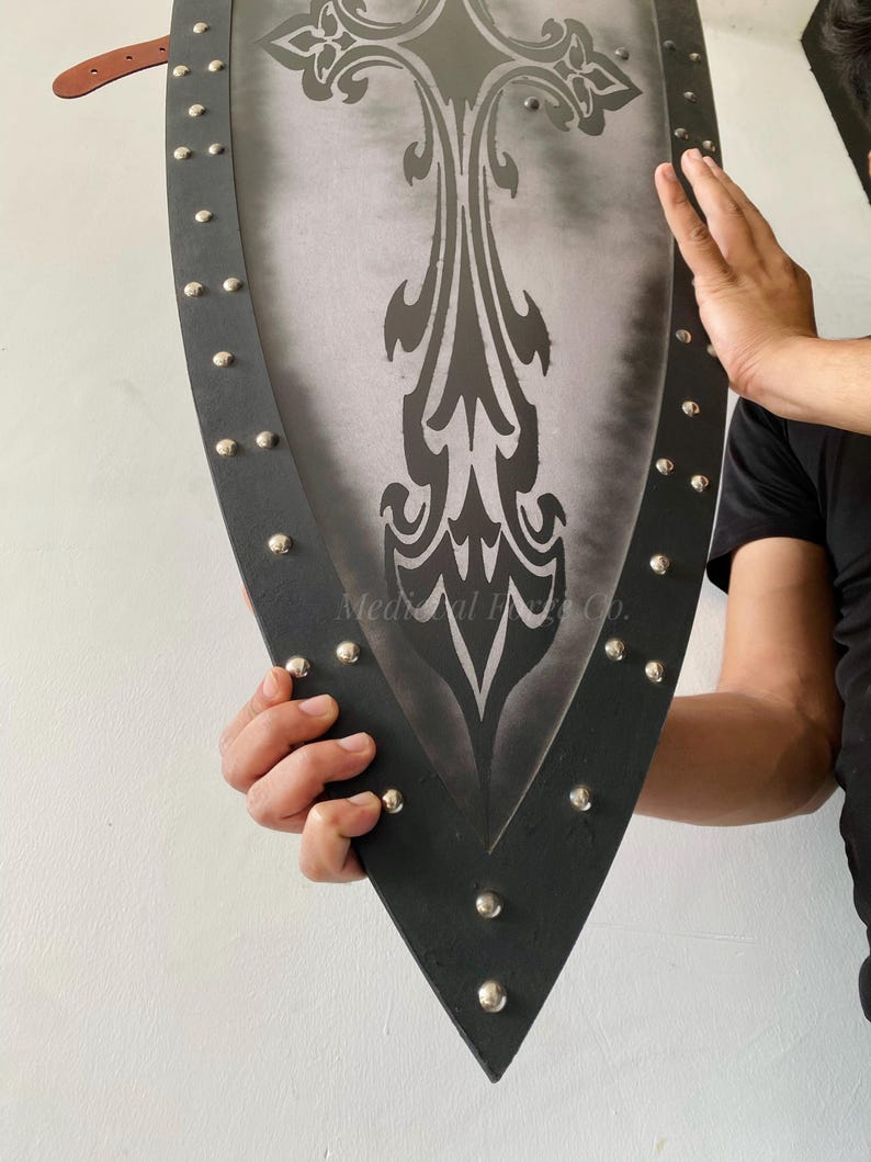 Handmade Gothic Knight Shield with Crusader Black Cross LARP view 4