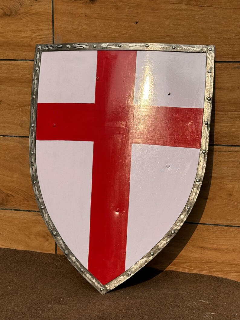 Red Crusader Steel Shield with Medieval Knight Battle view 6