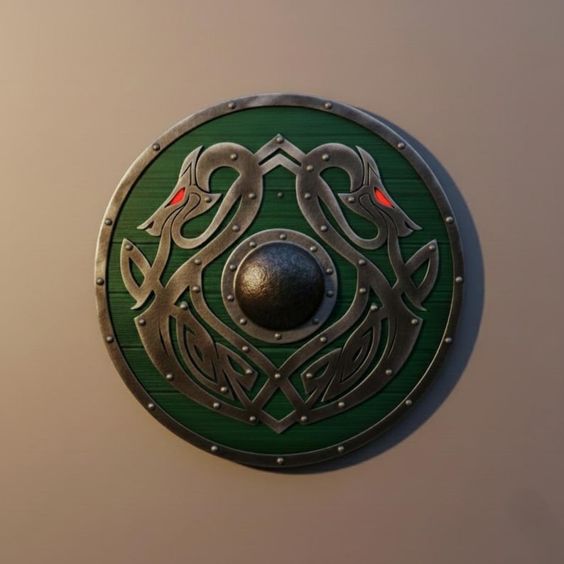 Wooden Round Shield with Intricate Norse Dragon Design view 2