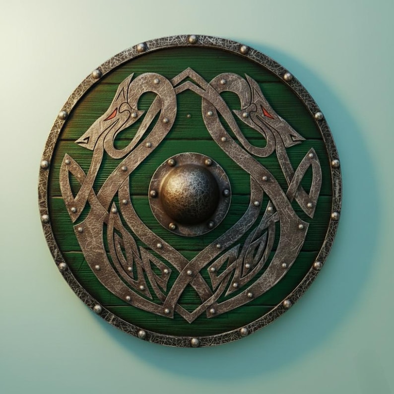 Wooden Round Shield with Intricate Norse Dragon Design view 3