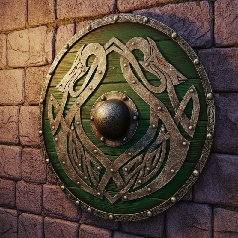 Wooden Round Shield with Intricate Norse Dragon Design view 6