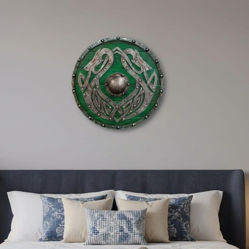 Wooden Round Shield with Intricate Norse Dragon Design view 7