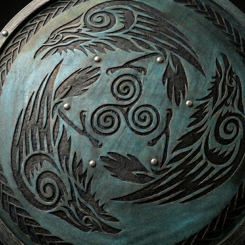 Handcrafted Engraved Crow Wooden Shield with Viking Norse Wall Decor view 3