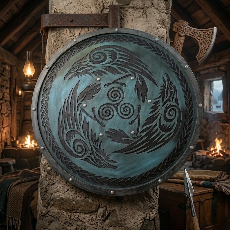 Handcrafted Engraved Crow Wooden Shield with Viking Norse Wall Decor view 4