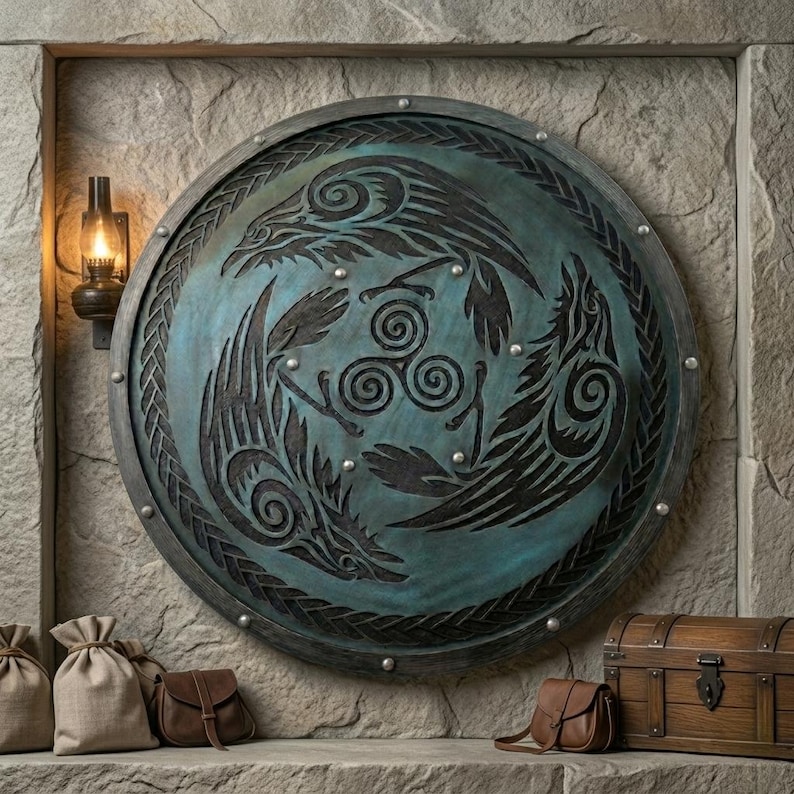 Handcrafted Engraved Crow Wooden Shield with Viking Norse Wall Decor view 6