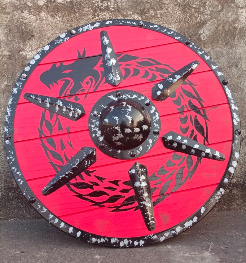 Dragon Design Wooden Viking Shield with Medieval Armor Wall Art view 2