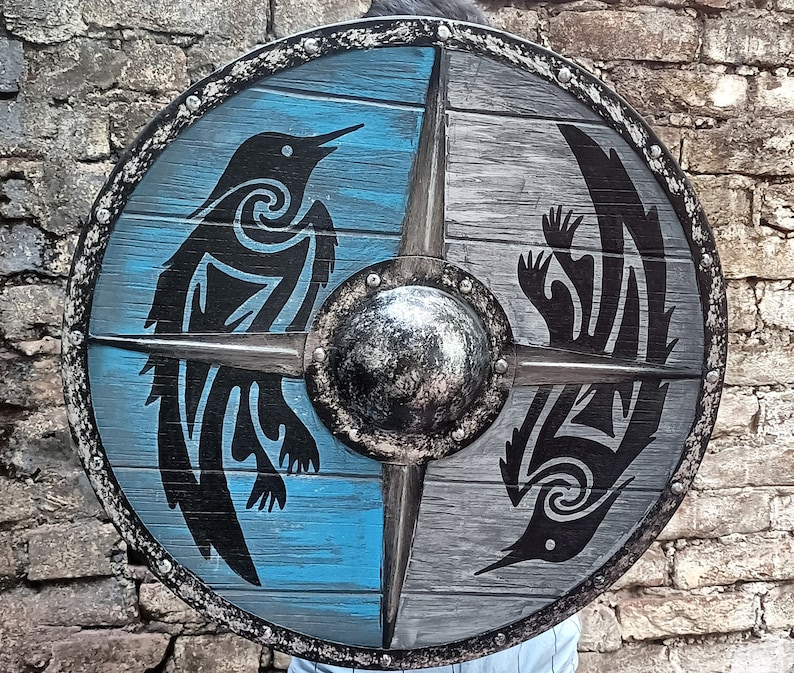 Viking Valhalla Raven Wooden Shield with Medieval Battle Ready view 7