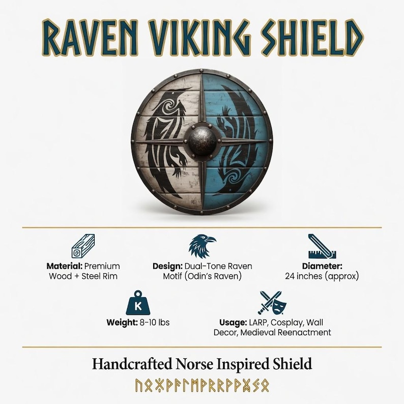 Handcrafted Viking Shield with Blue & White Dragon, Steel Boss view 2