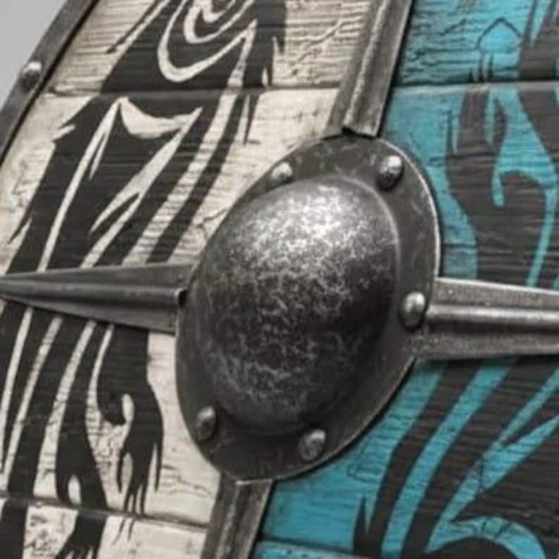 Handcrafted Viking Shield with Blue & White Dragon, Steel Boss view 3