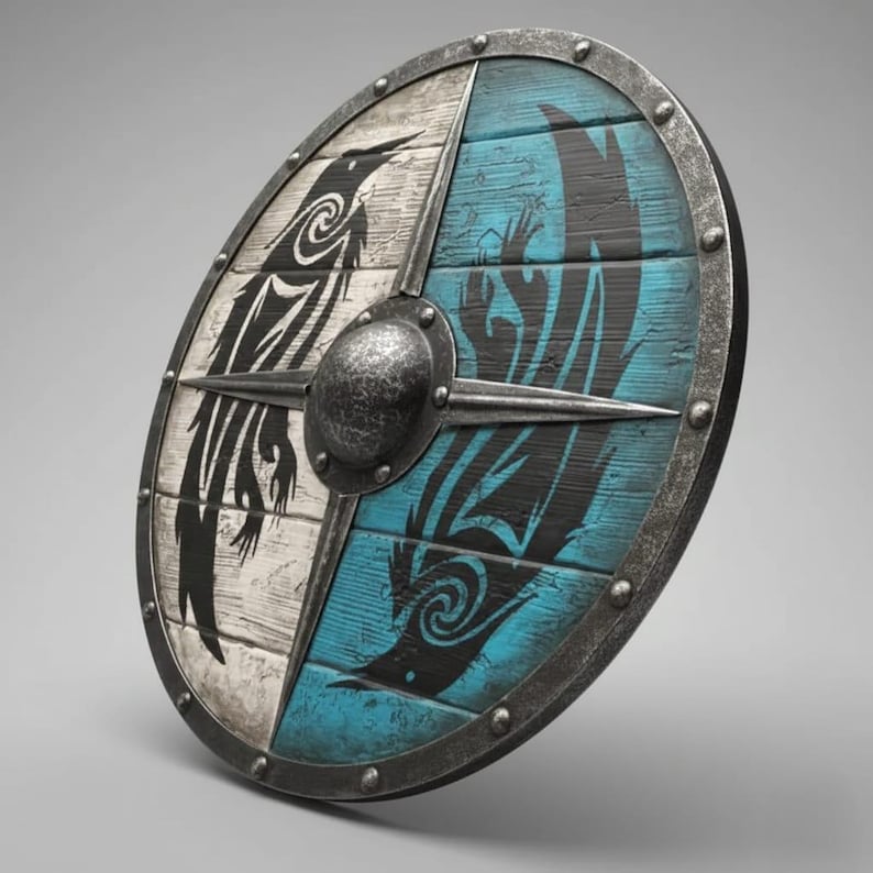 Handcrafted Viking Shield with Blue & White Dragon, Steel Boss view 4