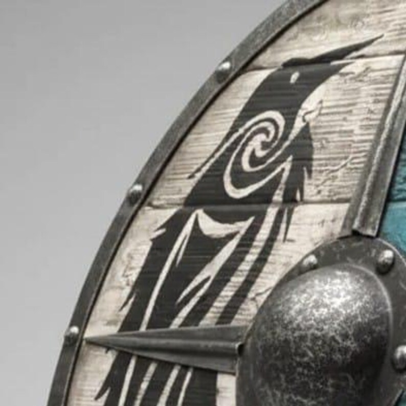 Handcrafted Viking Shield with Blue & White Dragon, Steel Boss view 5